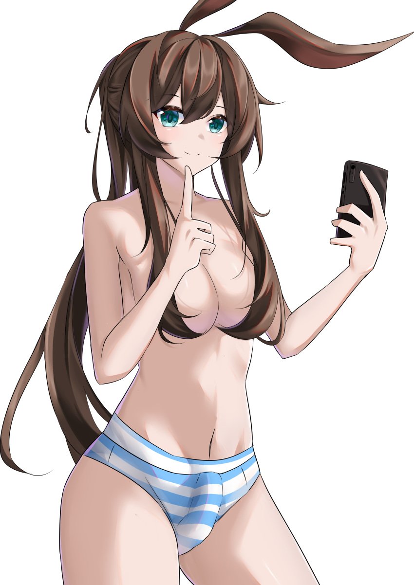 1futa 2024 amiya_(arknights) animal_ears arknights blue_eyes breasts brown_hair bulge cellphone clothed clothing cowboy_shot erection erection_under_clothes futa_only futanari hair_censor hands_up hi_res holding holding_phone humanoid humanoid_penis kemonomimi light-skinned_futanari light_skin long_hair looking_at_viewer medium_breasts mostly_nude navel panties pengzlp phone rabbit_ears smartphone smile solo standing stomach striped_clothes striped_panties thighs topless underwear very_long_hair