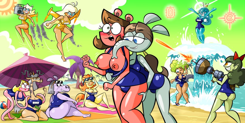 beach big_breasts big_hips big_woman chicken_girl d-stro forced_exposure gilf giraffe_girl giraffe_humanoid goblin_female gold_swimsuit hippopotamus_humanoid katie_(yin_yang_yo!) octopus_girl octopus_humanoid old_woman paige_(yin_yang_yo!) plane_wings school_swimsuit sinstroart sukumizu sunglasses teasing tree_girl tree_humanoid water_girl yin_yang_yo!