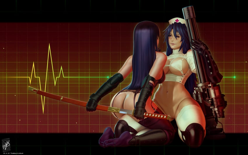 2girls bottomless garter_belt garter_straps gun highschool_of_the_dead hitsugi_sayo katana legwear multiple_girls nurse saeko_busujima sitting_on_lap sword themaestronoob triage_x