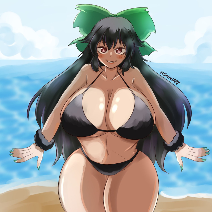 1girls artist_name beach big_breasts bikini black_hair breasts brown_eyes clouds green_nails grin huge_breasts light-skinned_female long_hair seireiart solo solo_female thick_thighs thighs touhou utsuho_reiuji water watermark