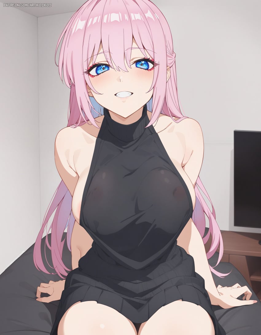 1female 1girls ai_generated arms_behind_back artkoikoi bangs bed bedroom big_breasts blue_eyes breasts breasts_visible_through_clothing commentary_request english_commentary female female_only hands_behind_back hi_res highres indoors kawaii_dake_ja_nai_shikimori-san koikoi light-skinned_female looking_at_viewer multicolored_hair nipples nipples_visible_through_clothing pink_hair shikimori_(kawaii_dake_ja_nai) shikimori_micchon sitting sitting_on_bed smiling_at_viewer solo solo_female very_high_resolution virgin_killer_sweater