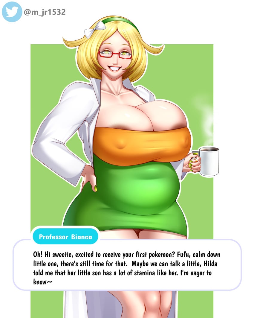 1girls aged_up alternate_version_available areola_slip areolae bianca_(pokemon) big_breasts blonde_hair bottomwear breasts cleavage coat coffee coffee_mug english english_text eyewear female female_only game_freak glasses green_nail_polish green_nails hair hand_on_hip holding_object huge_breasts lab_coat labcoat large_breasts lips m_jr_art mature mature_female mature_woman milf mug nail_polish nails nipple_bulge plump pokemon pokemon_bw pregnant pussy smile solo solo_female text text_box thighs topwear tubetop vagina voluptuous