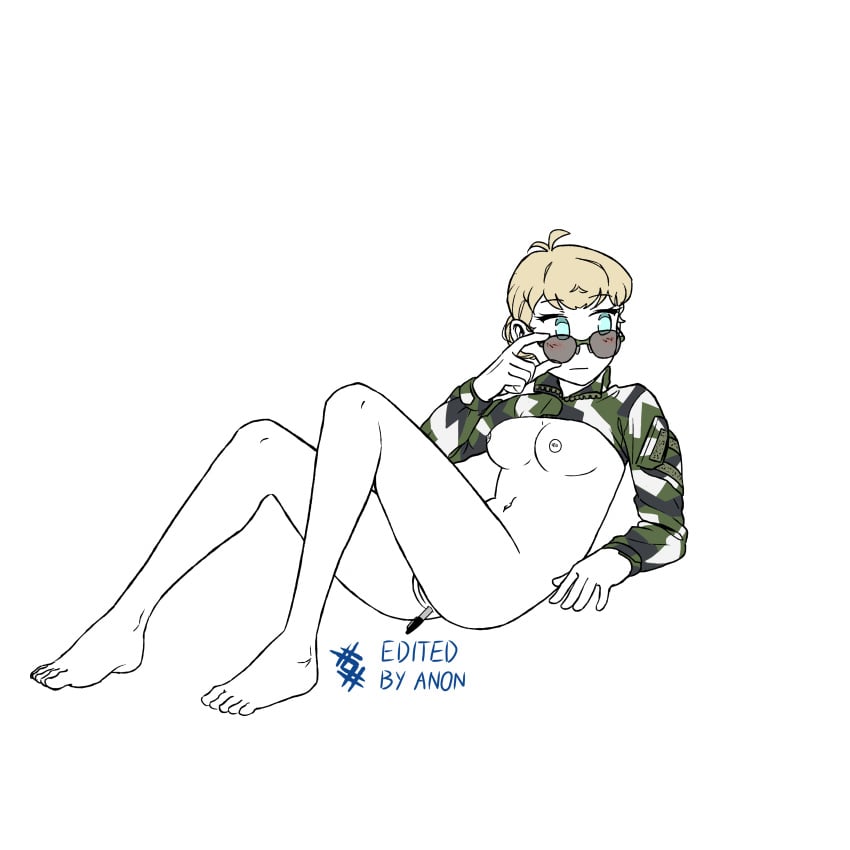 blonde_hair blue_eyes blush camouflage edited feet functionally_nude functionally_nude_female glasses military_uniform ostwindprojekt_(artist) pen_in_ass