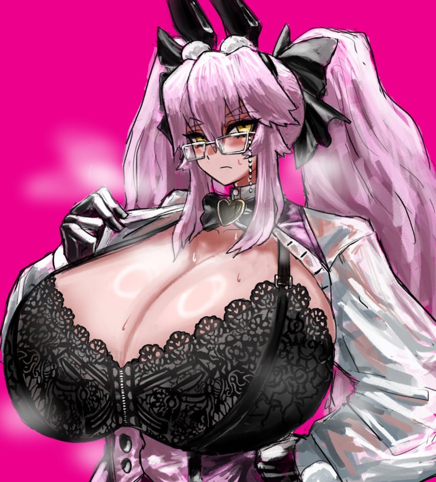 alternate_version_available big_breasts bra breast_focus breasts breasts_bigger_than_head fate_(series) fox_girl frown frowning glasses koyanskaya_(assassin) koyanskaya_(assassin_second_ascension) koyanskaya_(fate) looking_at_viewer maabo_harusame mostly_clothed pink_hair sweat undressing xn8xra2jau12ycb yellow_eyes