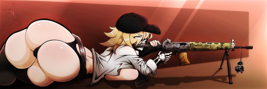 anor3xia ass banner big_ass big_breasts big_butt black_panties breasts freddyker gun hat milf military rifle shadman skeleton_costume sr_pelo tattoo uniform white_eyes yellow_hair