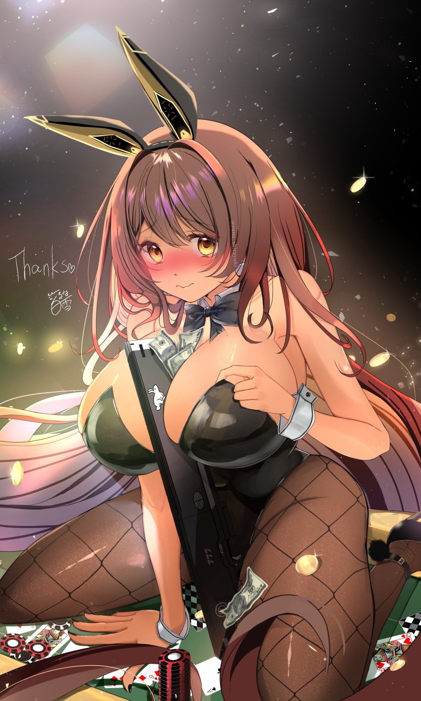 1girls blush brown_hair bunny_ears bunnysuit cleavage dark-skinned_female dark_skin female female_only goddess_of_victory:_nikke huge_breasts long_hair nervous noir_(nikke) on_table sitting yellow_eyes