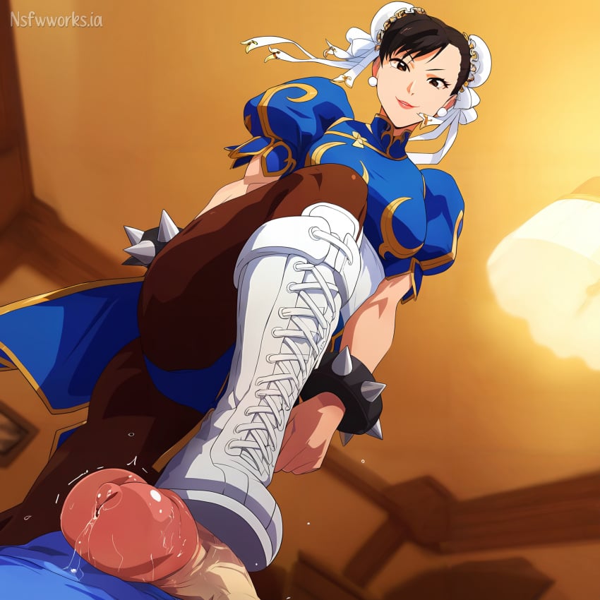 1boy 1girls ai_generated athletic_female big_breasts bootjob boots breasts brown_hair capcom chun-li defeated defeated_male female femdom footjob human humiliation male mature_female muscular_female nsfwworks.ia smile stepped_on street_fighter teasing thighs trample