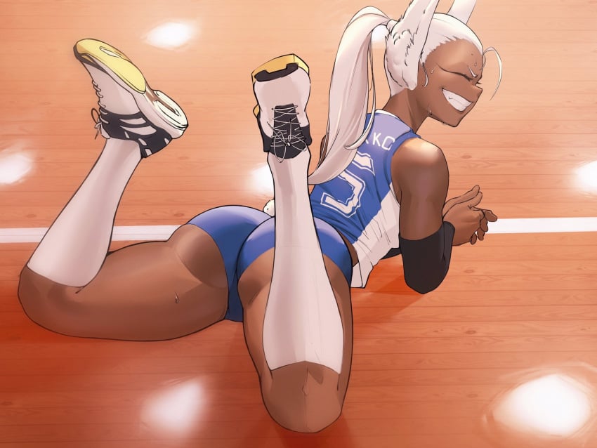 1girls athletic athletic_female boku_no_hero_academia bubble_butt bunny_ears bunny_girl closed_eyes dark-skinned_female dark_skin dat_ass elbow_sleeve feet_in_the_air grinning gym_shorts kneehighs kneesocks laying_on_stomach miruko my_hero_academia ponytail rumi_usagiyama short_shorts smiling sneakers sports_uniform sportswear white_hair zukululuu