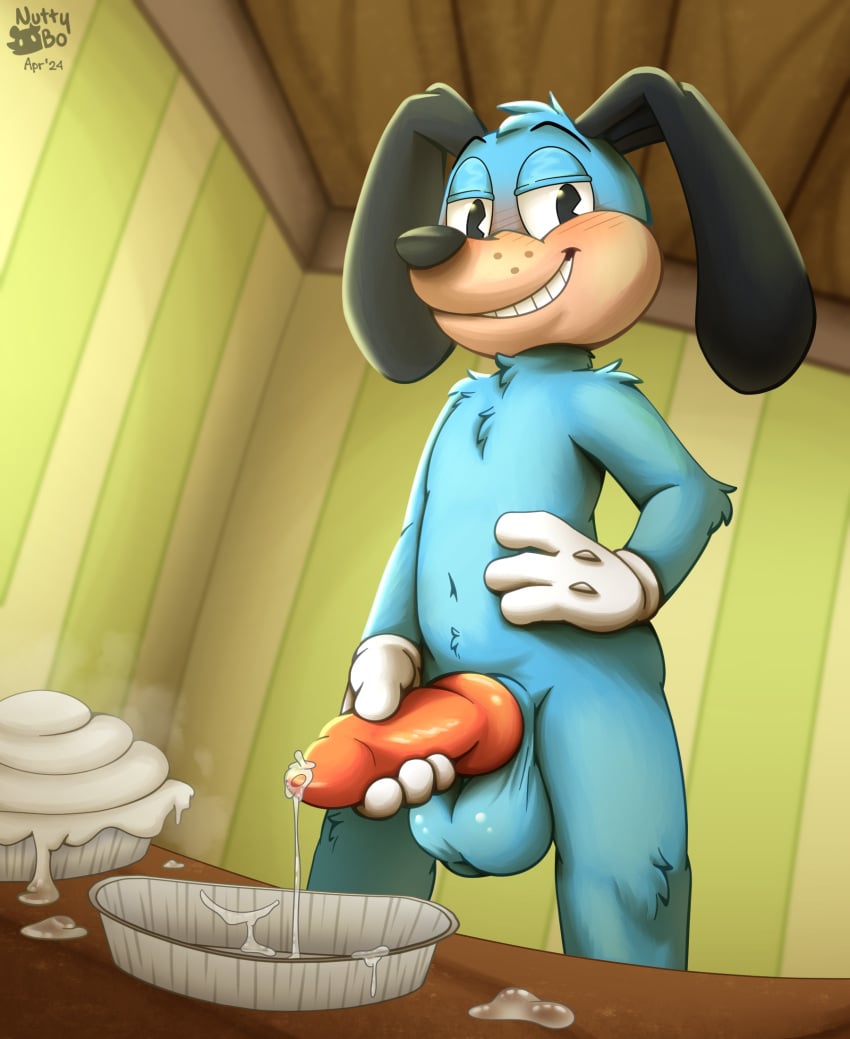 animal_genitalia balls blue_body blush bodily_fluids canid canine clothing cum ejaculation flippy_doggenbottom fur genital_fluids genitals gloves gloves_only handwear handwear_only hi_res knot leaking_precum mammal masturbation mostly_nude nude nutty_bo penis precum smile toontown toontown_corporate_clash toontown_online toontown_rewritten toony