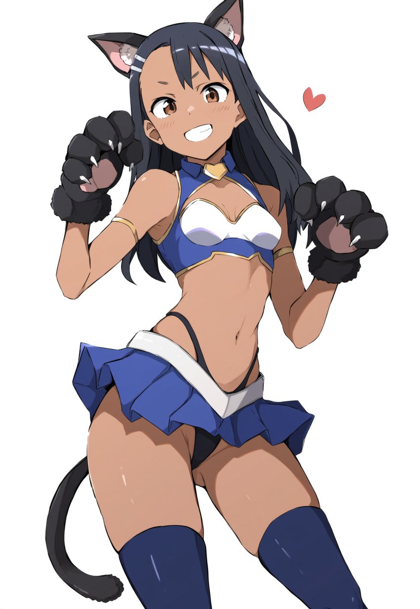 1girls ai_generated animal_ears belly_button black_hair brown_eyes cat_ears cat_tail claws fake_animal_ears female female_only g-string grin hairclip hayase_nagatoro heart heart_symbol legs legwear looking_at_viewer navel novelai please_don't_bully_me,_nagatoro schoolgirl simple_background skirt small_breasts solo solo_female standing stomach tail tan_body tan_skin teenage_girl teenager thighhighs thighs thong white_background