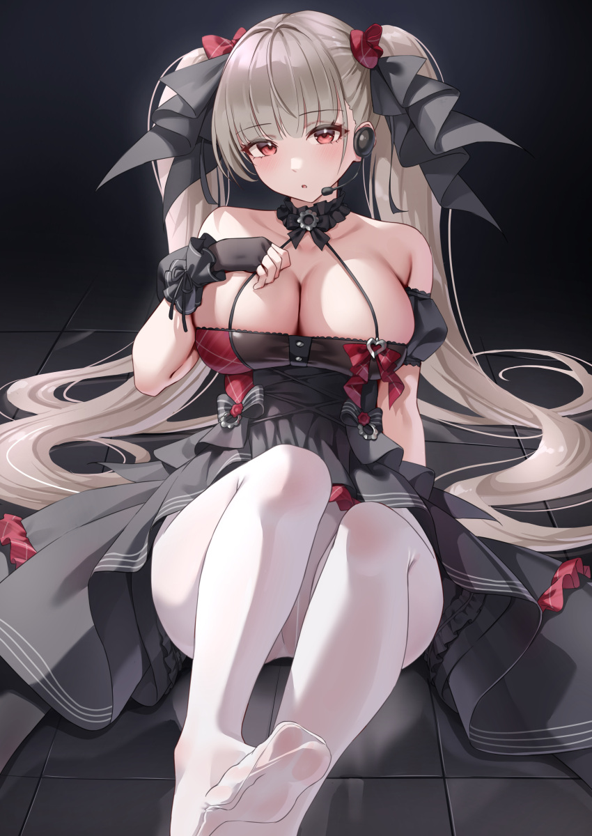 alternate_costume arm_at_side arm_on_breast azur_lane black_dress blush choker collar feet foreshortening formidable_(azur_lane) gothic gothic_lolita hand_on_breast huge_breasts one-piece_dress pantyhose presenting_feet sitting_on_floor soles tile_floor tiles toes white_pantyhose