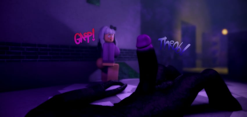 1boy 1girls 1male 1monster 1woman 3d artist_request ayuwanaki black body clothing consensual female gray_hair lilith_hermlin lovers monster myth pale pale-skinned purple purple_eyes roblox roblox_myth robloxian shocked shocked_expression shocked_eyes shocked_face skin source_request staring staring_at_penis the_hermlins