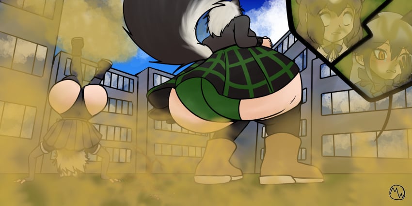 big_ass black_hair brown_bear_(kemono_friends) city fart fart_cloud fart_fetish giantess handstand huge_ass kemono_friends mecha-windom multiple_girls panties silver_fox_(kemono_friends) skunk skunk_girl striped_skunk_(kemono_friends) western_spotted_skunk_(kemono_friends) white_hair