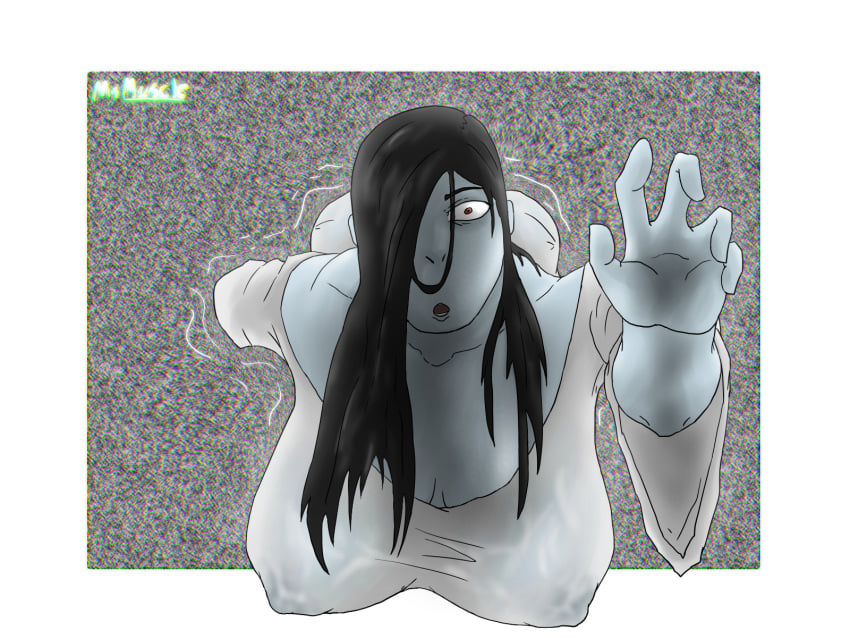 1female blue_skin coming_out_of_tv dark_hair female_only ghost huge_ass huge_breasts long_hair looking_at_viewer nipples onryo red_eyes ringu see-through_clothing the_ring wet_shirt yamamura_sadako