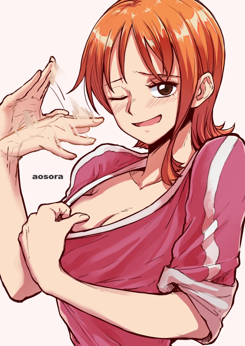 1girls airing_out aosora artist_name blush cleavage fanning_face fanning_self female female_only light-skinned_female light_skin medium_breasts nami nami_(classic) one_eye_closed one_piece open_mouth orange_hair pre-timeskip pulling_shirt_down shirt solo upper_body