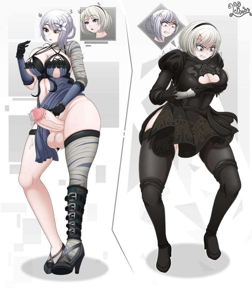 1futa 1girls angry balls big_balls big_breasts big_penis blue_eyes body_swap bottomless breasts brown_eyes clothed clothing erect_penis erection female fully_clothed futanari grabbing_own_breast hairband high_heels huge_breasts huge_cock human ineffective_clothing kaine_(nier) light-skinned_female light-skinned_futanari light_skin nier nier:_automata nier_replicant partially_clothed penis phobu precum precum_drip solo_focus standing testicles thick_thighs thighhighs white_hair wide_hips yorha_2b