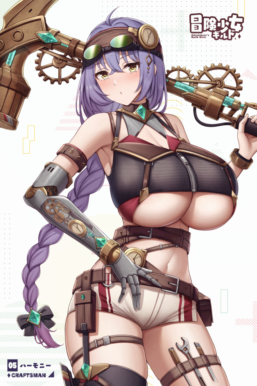 1girls axe belt belt_pouch black_crop_top braided_ponytail breasts crop_top gears goggles goggles_on_head holding_axe kannko_bokujou large_breasts looking_at_viewer mechanical_arm midriff navel original ponytail pouch purple_hair robotic_arm short_shorts shorts steampunk thigh_strap thighhighs weapon white_shorts wrench yellow_eyes