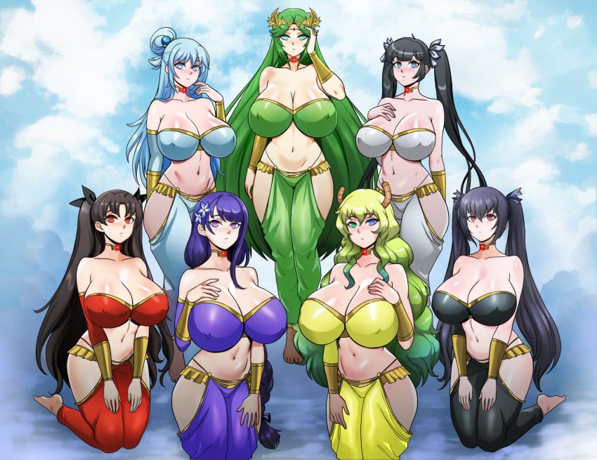 7girls aqua_(konosuba) black_hair blue_hair choujigen_game_neptune cleavage crossover empty_eyes fate/grand_order fate_(series) female female_only green_hair harem harem_girl harem_outfit harem_pants hestia_(danmachi) huge_breasts hypnosis hypnotized ishtar_(fate) kid_icarus kid_icarus_uprising kneeling kono_subarashii_sekai_ni_shukufuku_wo! long_hair lucoa lucoa_(maidragon) mind_control miss_kobayashi's_dragon_maid multiple_girls neptunia_(series) nintendo noire palutena quetzalcoatl_(dragon_maid) raiden_shogun shinzu031 trait_connection