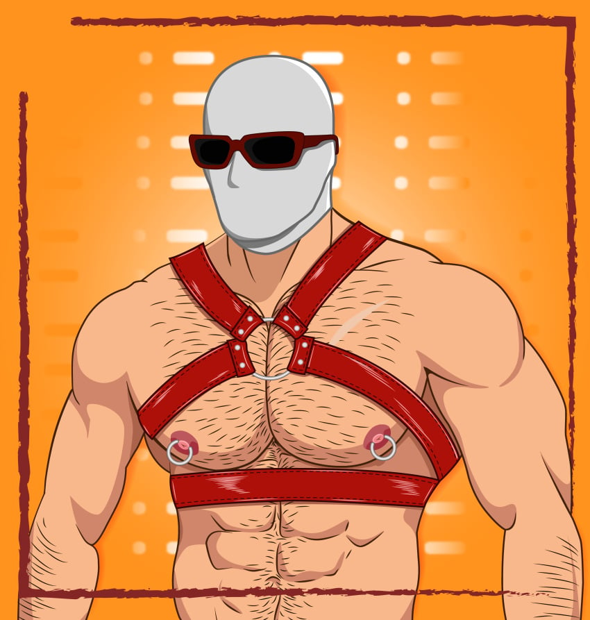 balaclava bdsm_gear body_hair danblaster2 fortnite harness hidden_face leather male male_only masked masked_male muscles muscular muscular_male nipple_piercing nipples pecs piercing pink_nipples sunglasses white_body