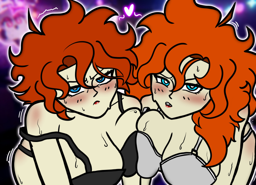 blue_eyes blush boob breasts breasts fangame_character female forced red_hair red_hair sister sisters sweatdrop underwear younger_female