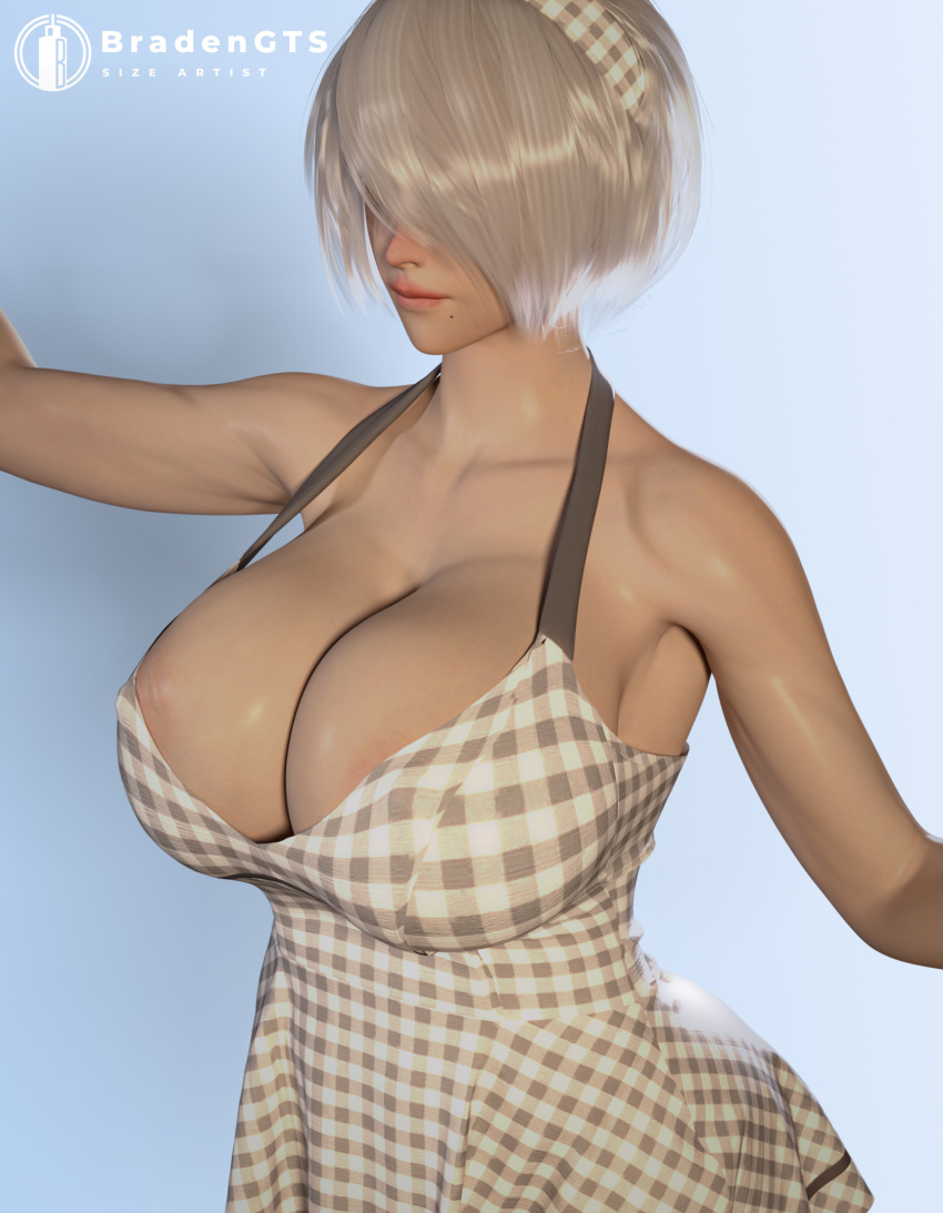 1girls 3d big_breasts bradengts breasts dress female female_focus female_only hairband huge_breasts nier nier:_automata short_hair solo summer_dress white_hair yorha_2b