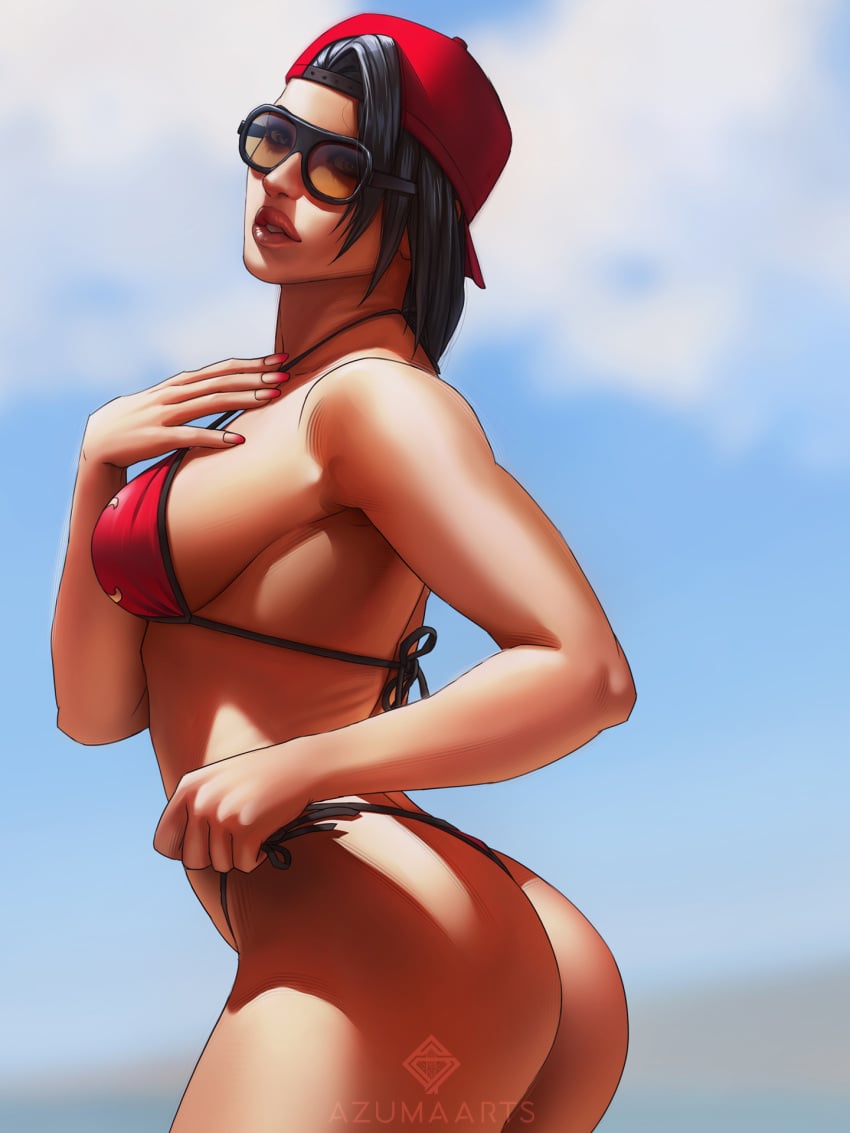 abs ass azucena_milagros_ortiz_castillo azuma_yasuo azumaarts backwards_baseball_cap big_ass big_breasts bikini breasts cameltoe cleavage dark-skinned_female dark_skin huge_breasts large_breasts nail_polish namco namco_bandai peruvian_female sunglasses_on_head swimsuit tekken tekken_8 thick_thighs tinted_eyewear