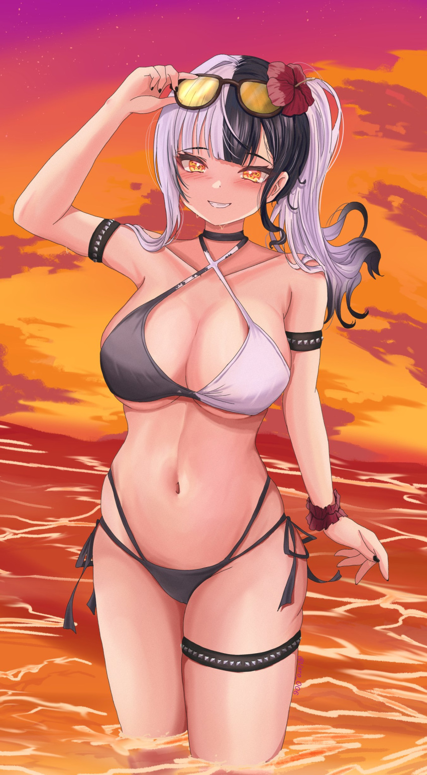 2d 2d_(artwork) alternate_hairstyle belly_button big_breasts bikini black_hair black_nails cleavage clouds flower flower_in_hair front_view high_resolution highres hololive hololive_english hololive_english_-advent- hourglass_figure light-skinned_female light_skin looking_at_viewer medium_hair ocean outdoors shiori_novella sky smiling smiling_at_viewer solo solo_female standing standing_in_water summer sunglasses sunglasses_on_head sunset swimsuit thong thong_bikini two_tone_hair varo_006 virtual_youtuber vtuber vtubers water white_hair yellow_eyes