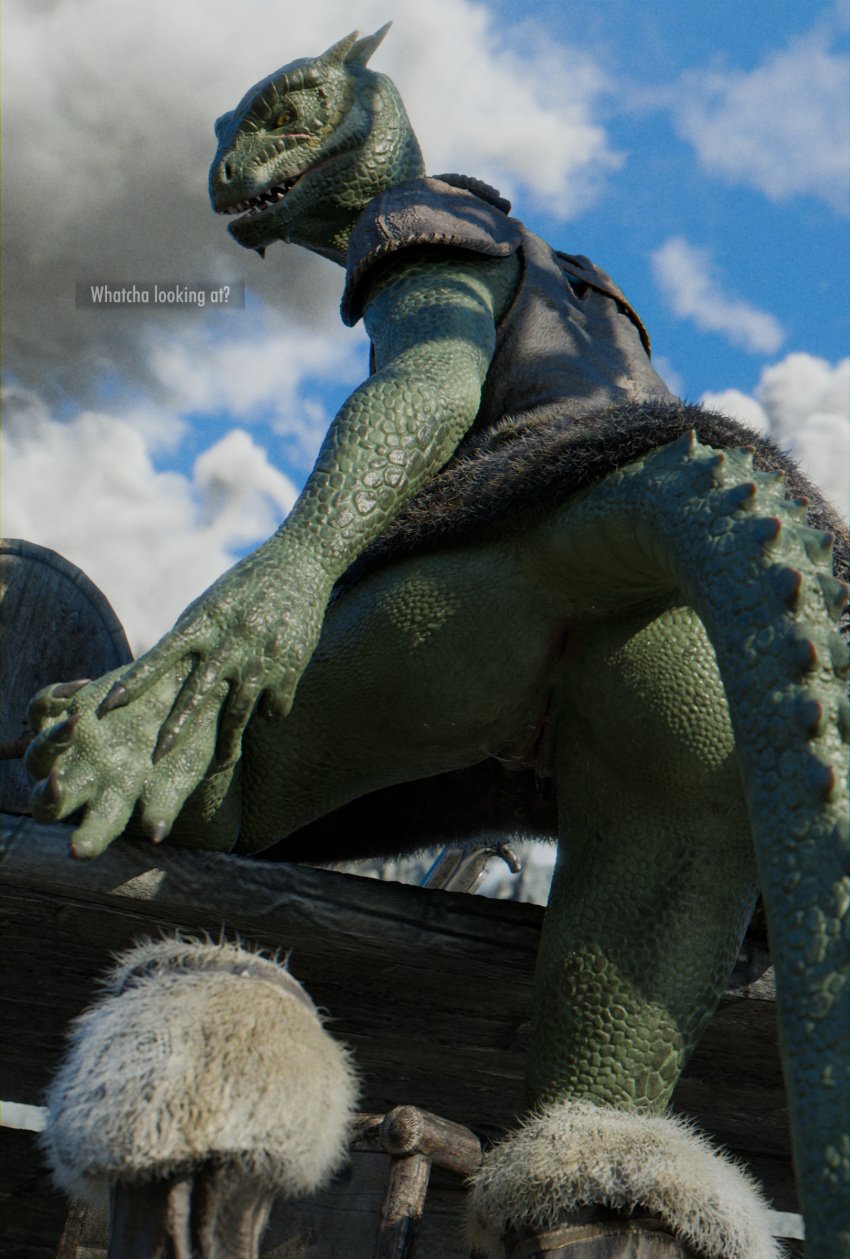 3d 3d_(artwork) absurd_res anthro anus argonian armor bethesda_softworks blade blender_(software) blender_cycles bodily_fluids claws clothed clothing deeja digital_media_(artwork) feet female genital_fluids genitals green_body green_scales hand_on_foot hi_res horn kvaseus legwear lizard looking_at_viewer low-angle_view microsoft open_mouth orange_eyes outside partially_clothed pussy raised_leg reptile scales scalie scar skyrim solo spikes standing sweat tail talking_to_viewer teeth text the_elder_scrolls vaginal_fluids