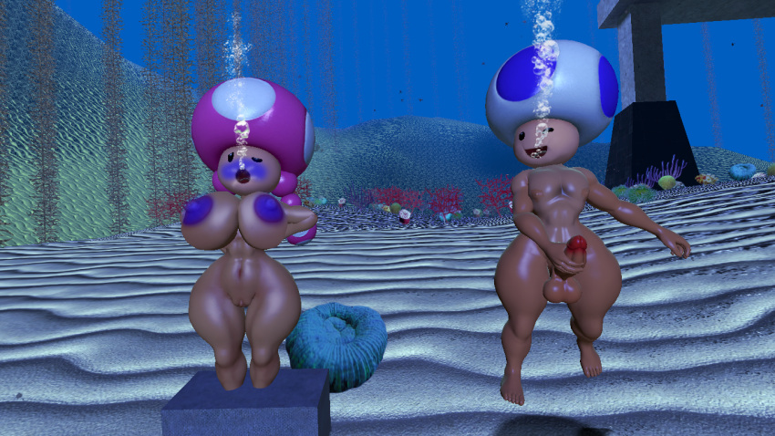 1boy 1girls 3d 3d_(artwork) barefoot big_breasts big_penis big_thighs bondage breasts cement_shoes curvy drowning duo female/male light-skinned_female light-skinned_male light_skin male/female mario_(series) mushroom mushroom_girl mushroom_humanoid naked nintendo nipples nude penis peril pigtails source_filmmaker tailscookie thick thick_hips thick_thighs thighs toad_(mario) toadette underwater wide_hips