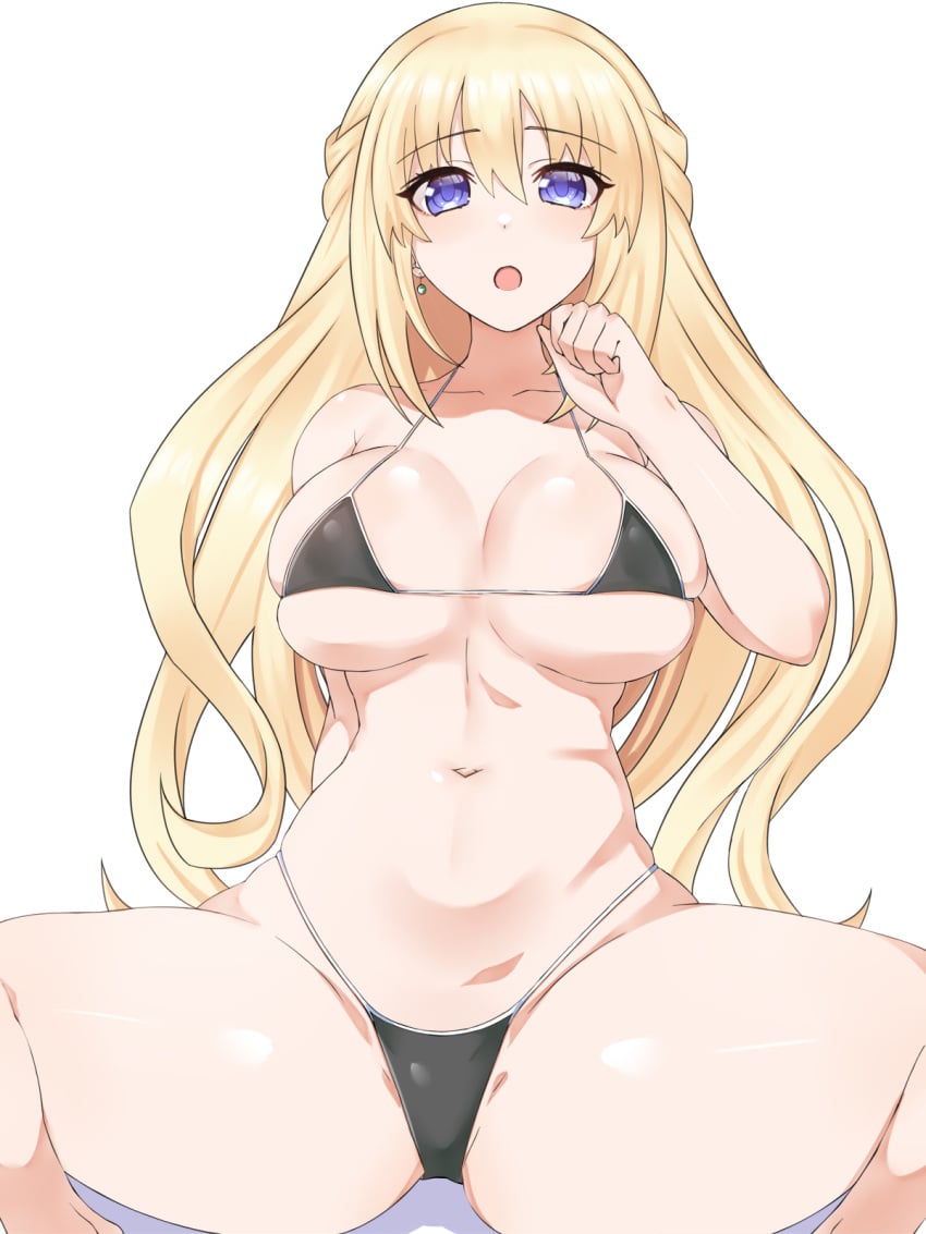 big_breasts blonde_hair blue_eyes cleavage front_view legs_apart light-skinned_female long_hair looking_at_viewer neptunia_(series) open_mouth simple_background swimsuit vert zatsu