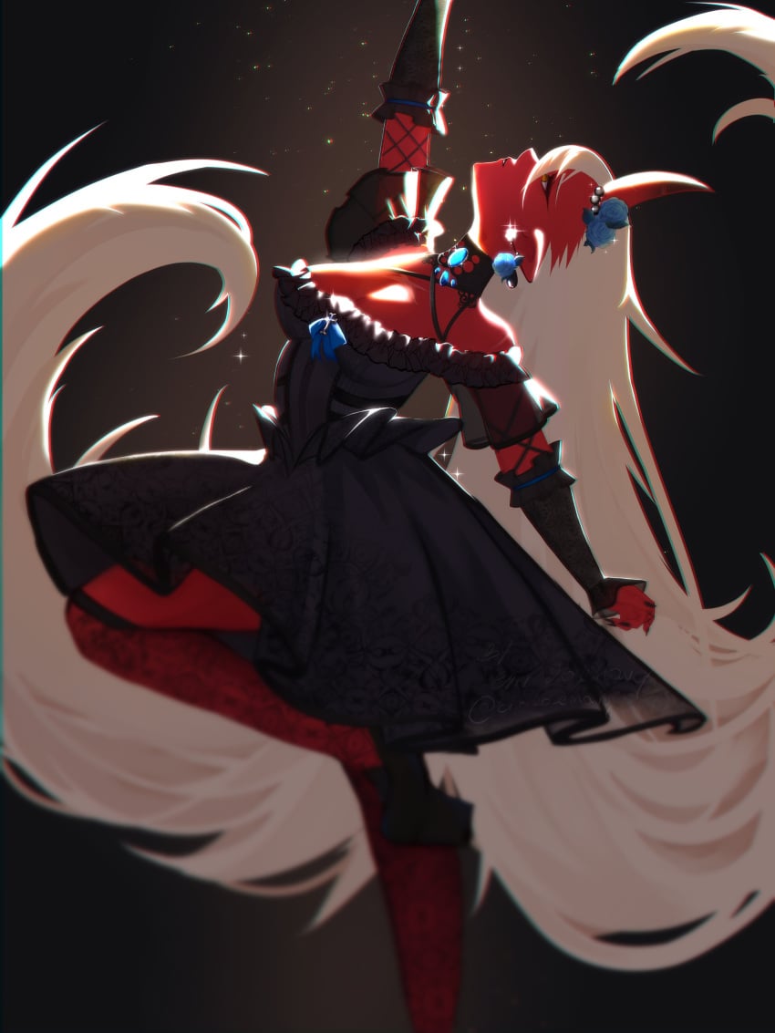akumi female horns oni oni_horns red_skin scars virtual_youtuber vyugen white_hair yellow_eyes
