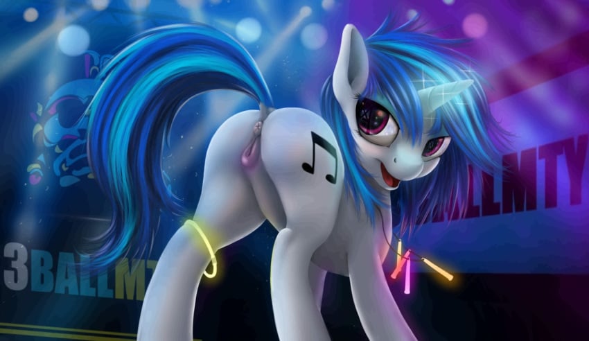 2015 anus ass blue_hair cutie_mark equine female feral friendship_is_magic glowing hair horn mammal my_little_pony open_mouth pussy solo tres-apples unicorn vinyl_scratch_(mlp)