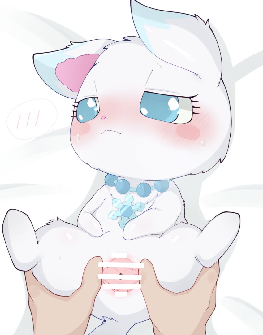 ambiguous_gender arctic_fox blue_body blue_eyes blue_fur blush canid canine censor_bar censored censored_pussy disembodied_hand duo embarrassed faceless_character faceless_human female female_on_humanoid fox fur genitals hi_res himimi human humanoid jewelpet jewelpet_(species) jewelry larimar_(jewelpet) looking_away mammal necklace pussy sanrio sega sega_toys semi-anthro snowflake spread_pussy spreading true_fox white_body white_fur