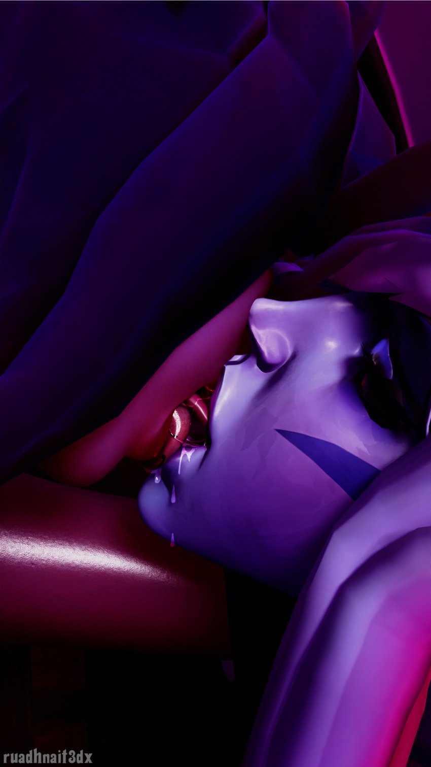 2girls 3d close-up closed_eyes elf_ears evelynn face_markings french_kiss horns kissing league_of_legends lesbian_kiss morgana pink_skin purple_hair purple_skin ruadhnait3dx saliva saliva_trail self_upload succubus tongue tongue_kiss tongue_out watermark white_hair yuri