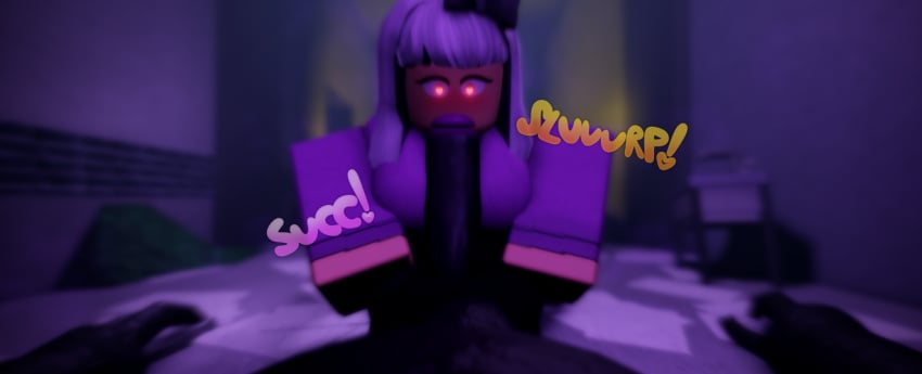 1boy 1girls 1male 1monster 1woman 3d artist_request ayuwanaki black blowjob blowjob_face body clothing consensual female gray_hair heart heart-shaped_pupils in_love lilith_hermlin lovers monster myth pale pale-skinned pov purple purple_eyes roblox roblox_myth robloxian skin source_request sucking sucking_penis the_hermlins