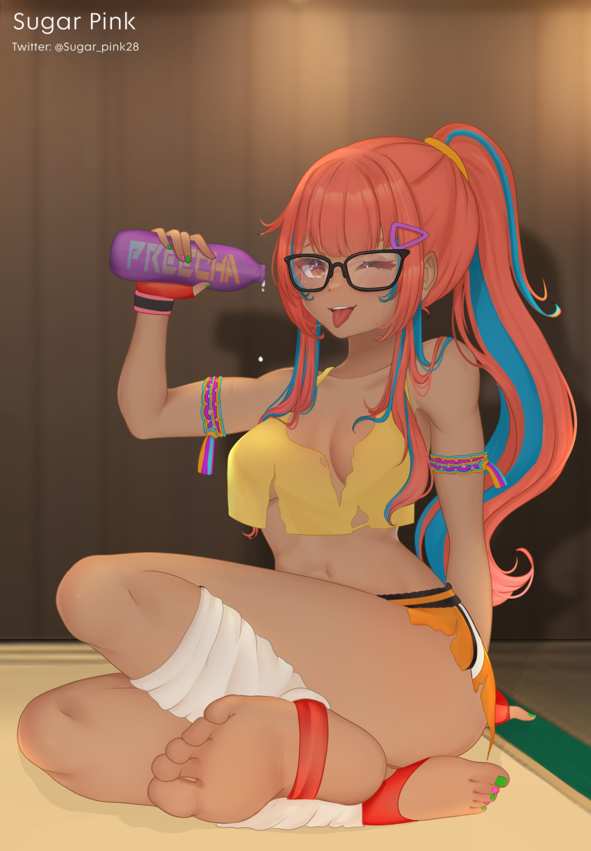 1girls abs blue_hair colored_toenails drinking drinking_water fatal_fury fatal_fury:_city_of_the_wolves feet female female_focus female_only foot_wraps glasses leg_warmers long_hair looking_at_viewer multicolored_hair preecha_(fatal_fury) red_hair shorts soles solo_female solo_focus sugar_pink18_(artist) tongue_out