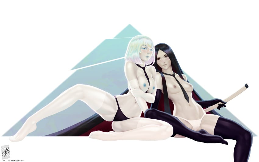 2girls black_hair blue_hair bort_(land_of_the_lustrous) breasts diamond_(land_of_the_lustrous) land_of_the_lustrous leaning_on_person light_skin looking_at_viewer multiple_girls shiny_hair themaestronoob