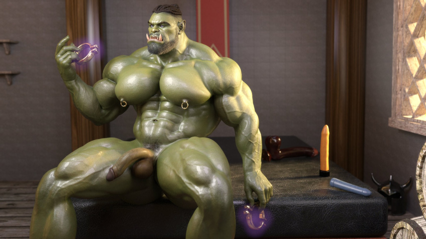 1boy 1male 1man 1orc 3d 3d_(artwork) 3d_model alexnew81832586 bara bara_tiddies bara_tits big_dick black_hair first_porn_of_artist first_post_of_artist green_body green_skin hung long_penis magic male male_focus male_nudity male_only muscular naked naked_male nipple_piercing nude nude_male orc orc_male potion_bottle pubic_hair solo solo_focus solo_male veiny_muscles