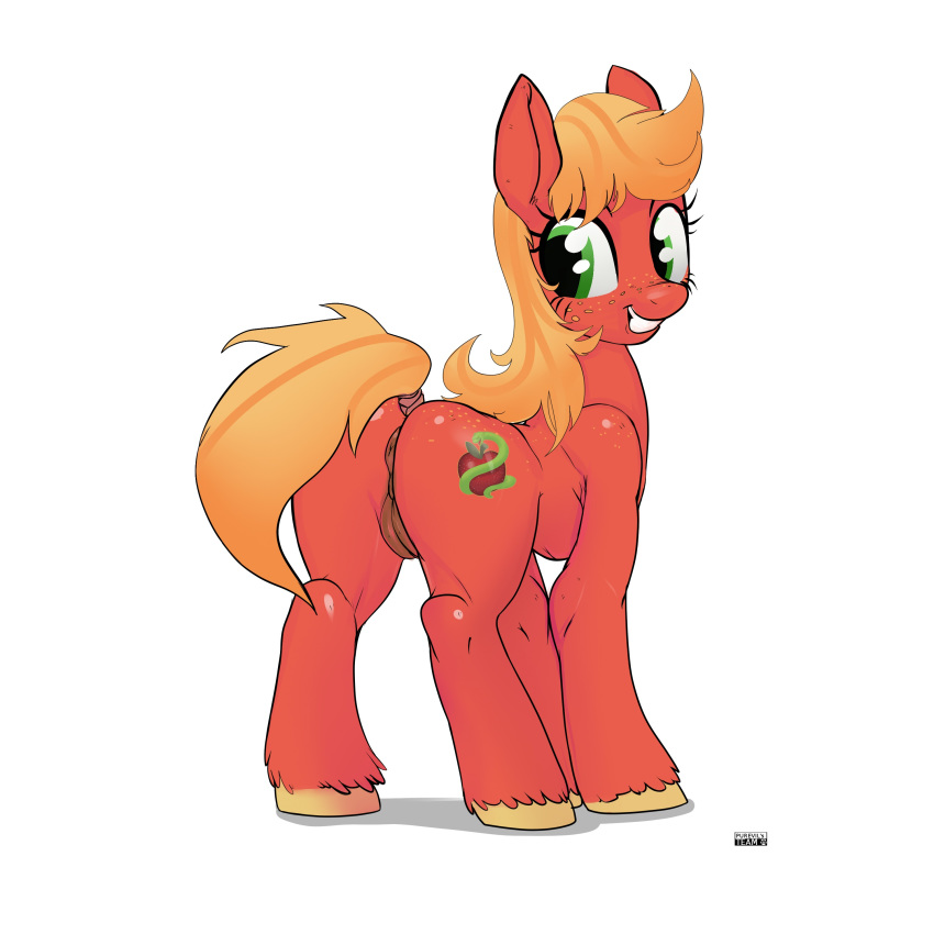 anus ass blonde_hair cutie_mark earth_pony equine fan_character female feral freckles friendship_is_magic fur green_eyes hair hi_res horse looking_back mammal my_little_pony orange_fur orange_hair plain_background pony purevil pussy smile white_background