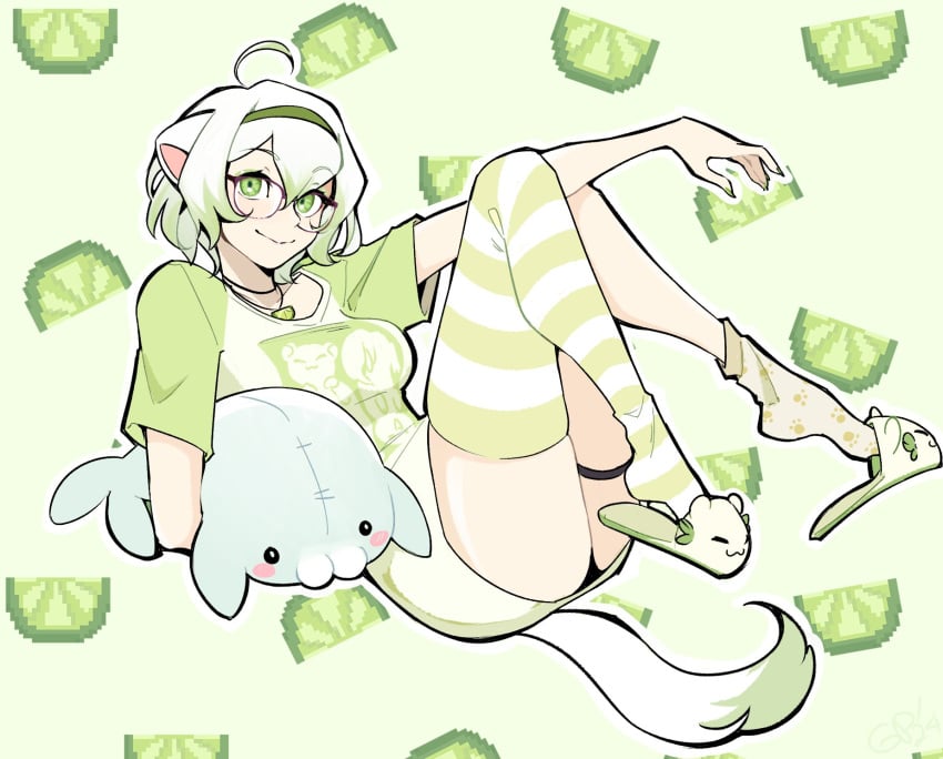 1girls animal_ears breasts female ferret ferret_girl gigglepox green_eyes green_highlights laimu lime multicolored_hair solo vinesauce virtual_youtuber white_hair