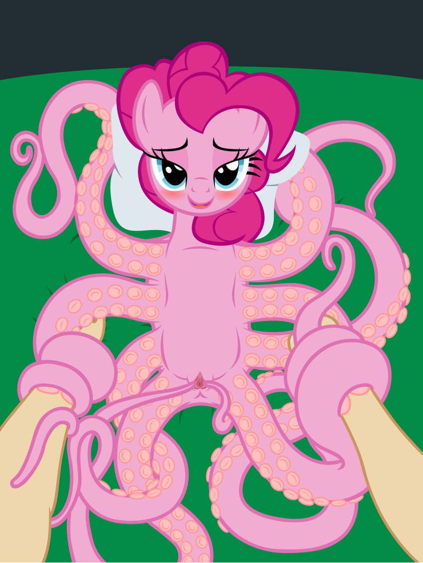 absurdres badumsquish bedroom_eyes blue_eyes blush cephalopod clitoris duo equine female feral friendship_is_magic highres horse hybrid long_hair looking_at_viewer lying mammal marine my_little_pony octopus on_back pillow pink_fur pink_hair pinkie_pie_(mlp) pony pov presenting pussy smile solo_focus tentacle