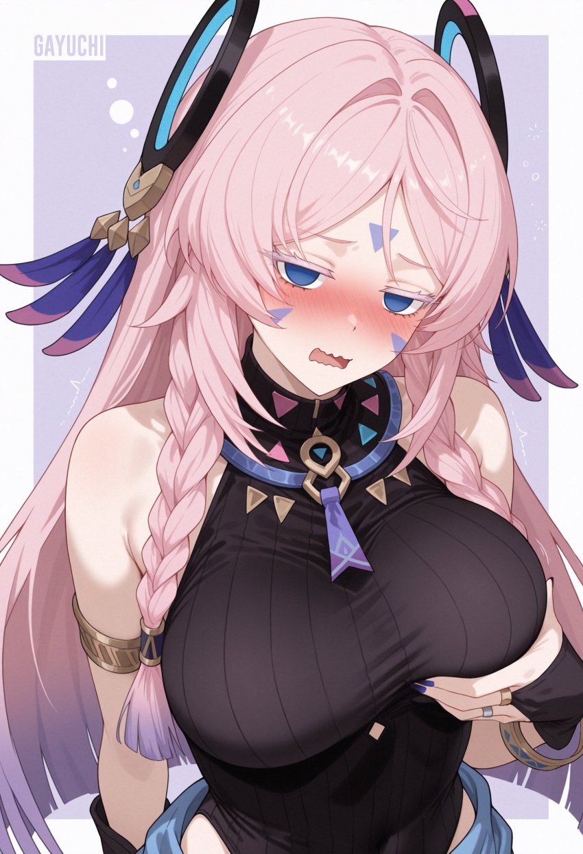 1girls blue_eyes blush breast_grab breasts citlali_(genshin_impact) cute drunk genshin_impact grabbing_own_breast half-closed_eyes large_breasts looking_at_viewer open_mouth pink_hair solo wavy_mouth