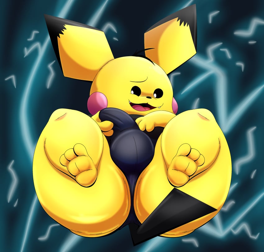 absurd_res anthro ass big_butt black_clothing black_underwear bulge clothing detailed_bulge erection erection_under_clothing feet generation_2_pokemon hand_on_bulge hi_res looking_at_viewer male nintendo pace(blastoiseanimator) pichu pokemon pokemon_(species) presenting solo tepigfan101 thong underwear