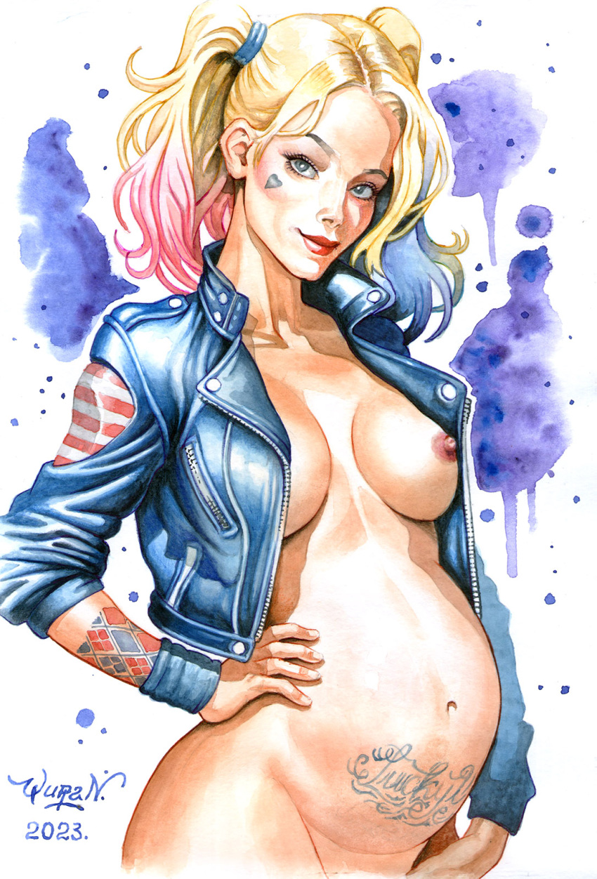 1girls 2023 artist_signature batman_(series) belly big_belly big_breasts blonde_hair breasts cleavage dc dc_comics female female_only hand_on_hip harley_quinn jacket navel nipples pregnancy pregnant pubic_tattoo sideboob signature solo solo_female tattoo traditional_media_(artwork) twintails watercolor_(artwork) yuranart