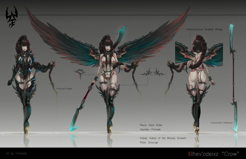 dark_eldar drukhari english_text evil_grin long_hair original_character pubic_tattoo text trainerjet warhammer_(franchise) warhammer_40k wings