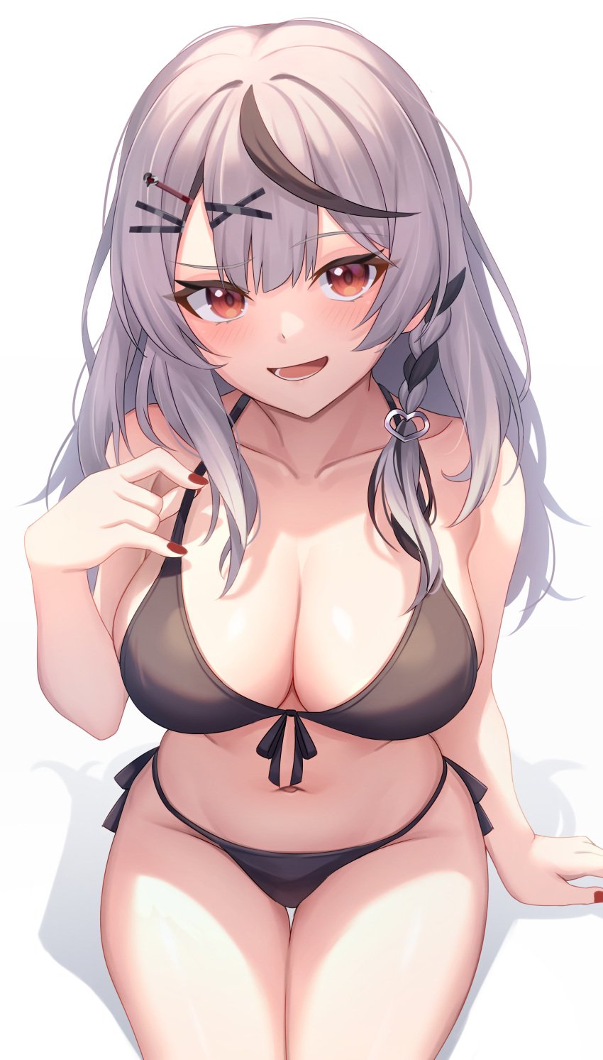 1girls aoi_zerii bare_shoulders bikini black_bikini black_hair blush breasts cleavage collarbone front-tie_bikini grey_hair hair_ornament hololive hololive_japan holox large_breasts long_hair looking_at_viewer multicolored_hair navel open_mouth red_eyes sakamata_chloe side-tie_bikini solo straight_hair virtual_youtuber x_hair_ornament