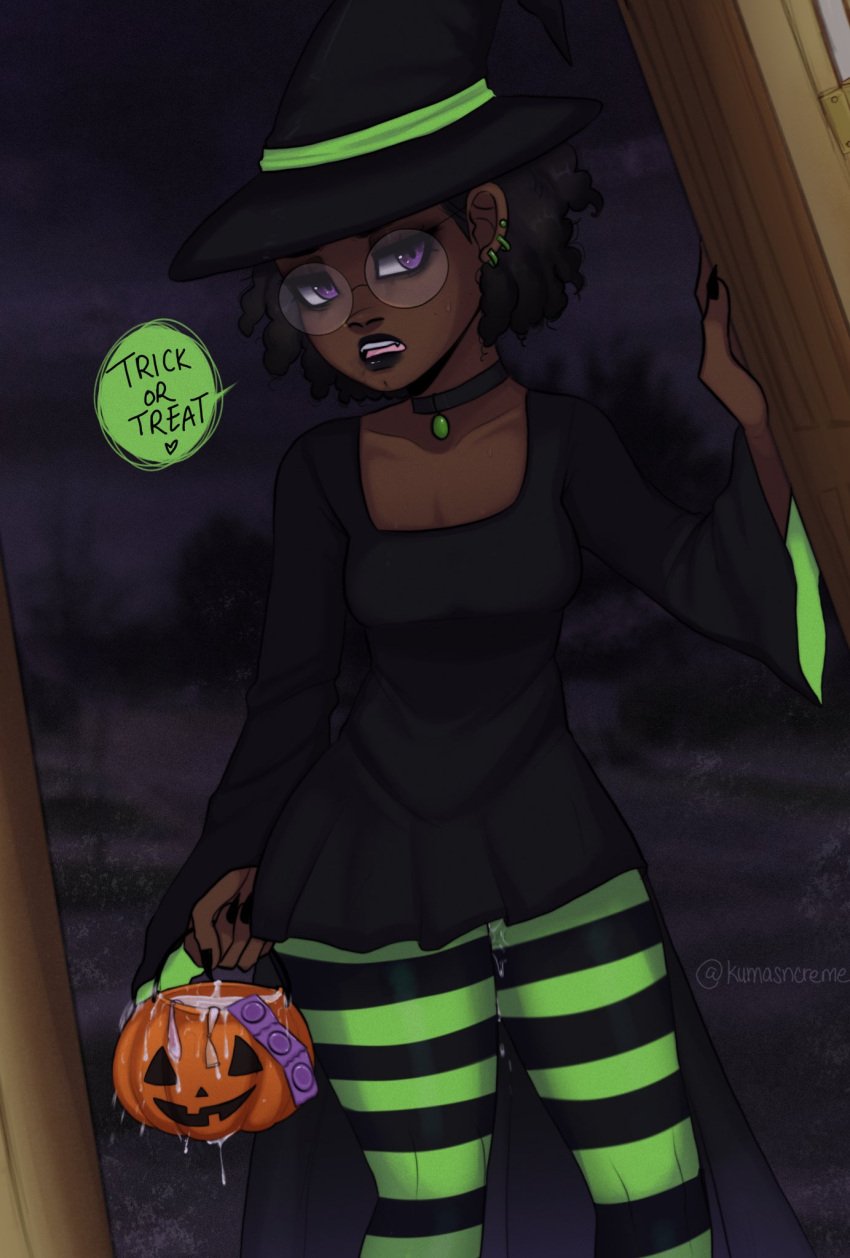 1girls black_hair cum dark_skin female female_focus female_only glasses halloween kuma_(kumasncreme) kumasncreme looking_at_viewer original purple_eyes thighhighs trick_or_treat witch_hat