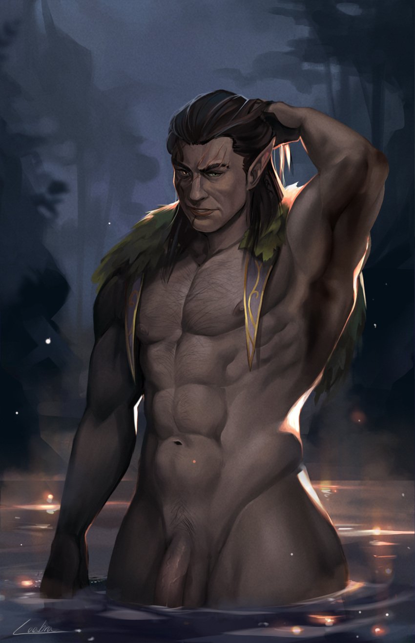 1boy abs backlighting baldur's_gate baldur's_gate_3 bara dungeons_&_dragons elf elf_ears elf_male flaccid forest forgotten_realms halsin hand_in_own_hair highres laahra lake looking_at_viewer male male_focus male_only mature_male medium_hair muscular muscular_male nature navel nipples nude painting_(artwork) pectorals penis pointy_ears scar solo solo_male sparse_chest_hair standing stomach thick_eyebrows uncensored wading water wide_hips wrinkled_skin