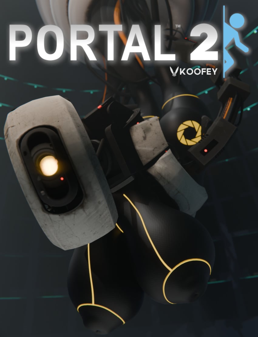 3d aperture_science ass blender_(disambiguation) blender_(software) breasts cleavage clothed clothing cyclops glados glados_(central_core) hi_res koofey logo looking_at_viewer portal_(series) poster valve watermark