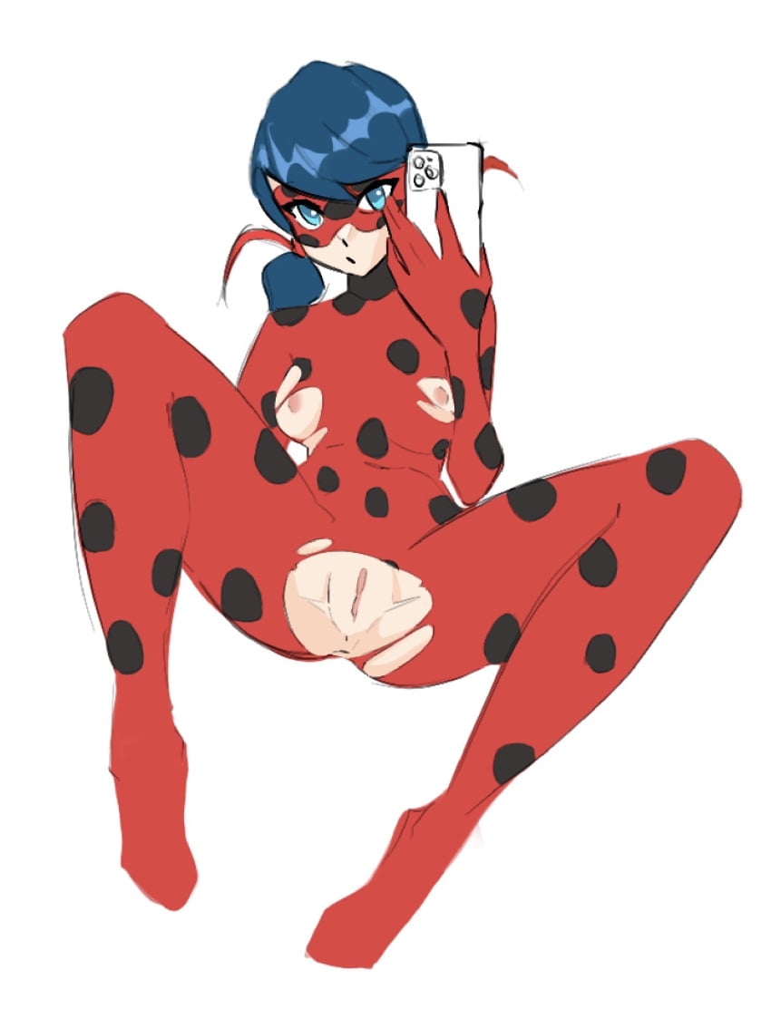 1girls 2d 2d_(artwork) bagelfree blue_eyes blue_hair bodysuit breasts domino_mask eye_mask female female_only ladybug_(character) marinette_dupain-cheng miraculous:_tales_of_ladybug_and_cat_noir miraculous_ladybug nipples phone pigtails pussy ripped_clothing skin_tight solo taking_selfie tight_clothes torn_bodysuit torn_clothes torn_clothing vagina